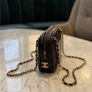CHANEL Quilted Black Lambskin Leather Camera Bag with Gold Chain